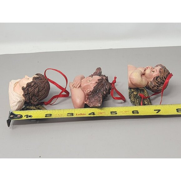 Set Of 3 Resin Angel Cherub Ornaments With Green Wings & Red Ribbon‎ Hangers - Picture 11 of 11